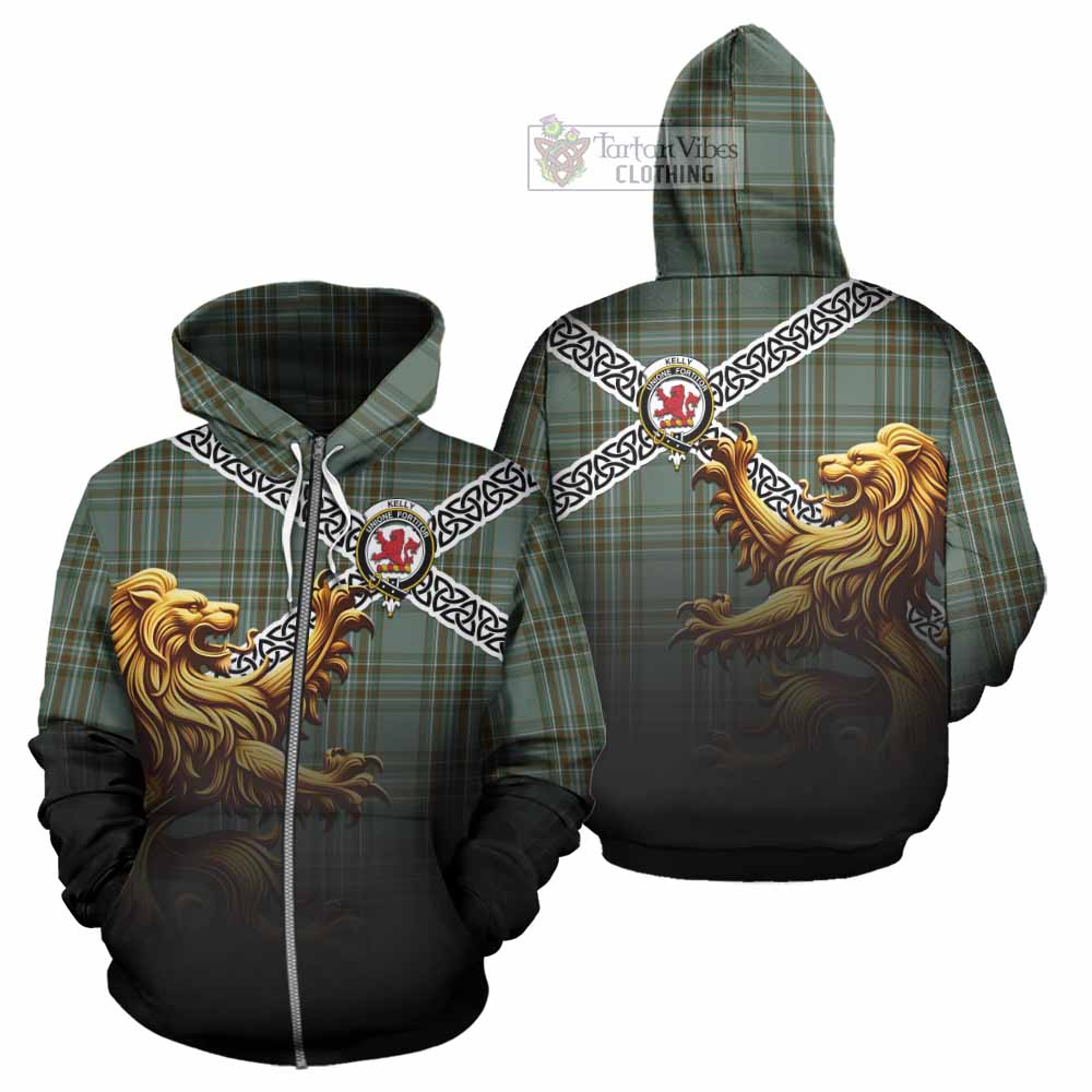 Tartan Vibes Clothing Kelly Crest Tartan Hoodie with Golden Lion Emblem Celtic Style