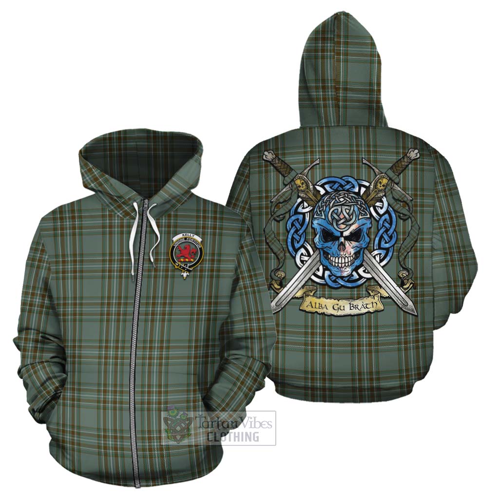 Tartan Vibes Clothing Kelly Tartan Cotton Hoodie with Family Crest Celtic Skull Style