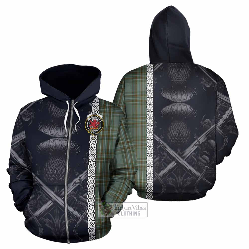 Tartan Vibes Clothing Kelly Tartan Hoodie with Family Crest Cross Sword Thistle Celtic Vibes