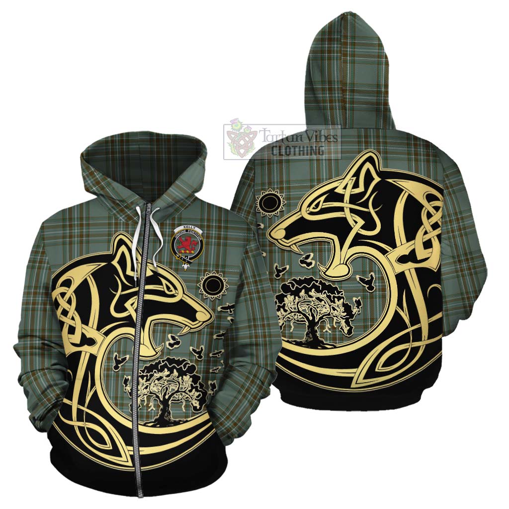 Tartan Vibes Clothing Kelly Tartan Cotton Hoodie with Family Crest Celtic Wolf Style