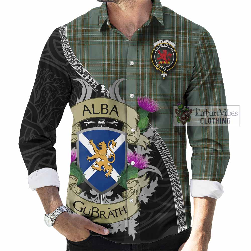 Tartan Vibes Clothing Kelly Tartan Family Crest Long Sleeve Button Shirt Lion Rampant Royal Thistle Shield Celtic Inspired