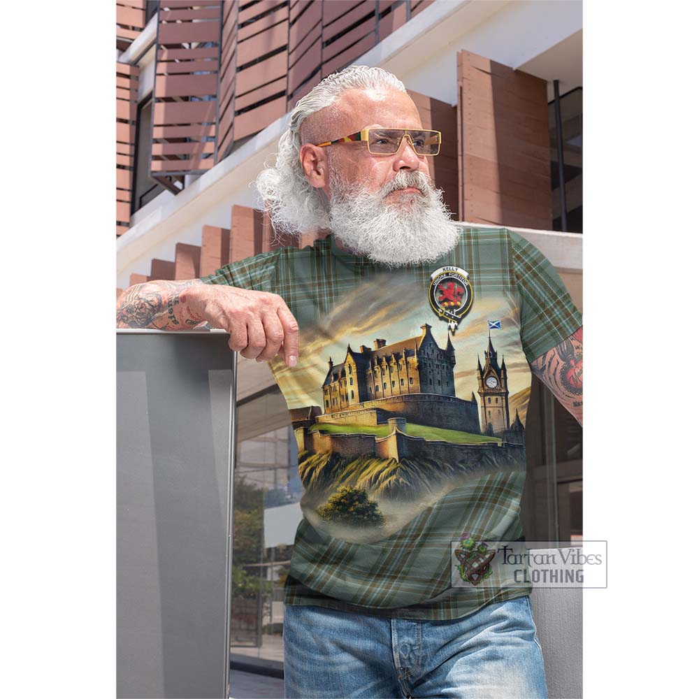 Tartan Vibes Clothing Kelly Tartan Family Crest Cotton T-shirt with Scottish Ancient Castle Style