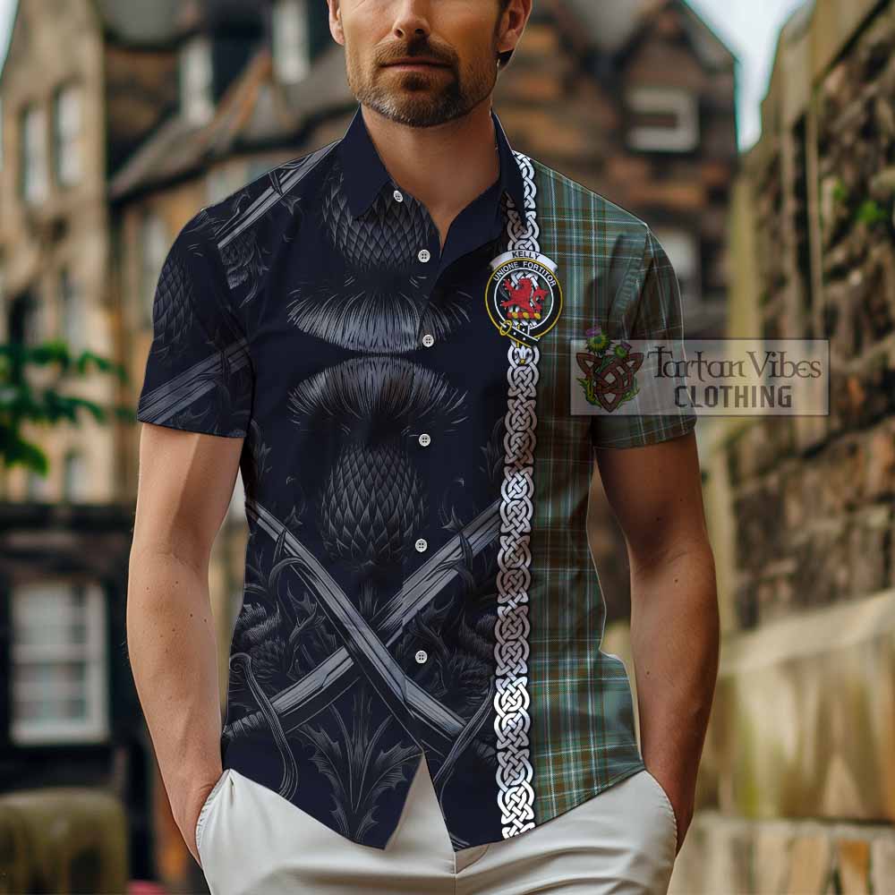 Tartan Vibes Clothing Kelly Tartan Short Sleeve Button Shirt with Family Crest Cross Sword Thistle Celtic Vibes