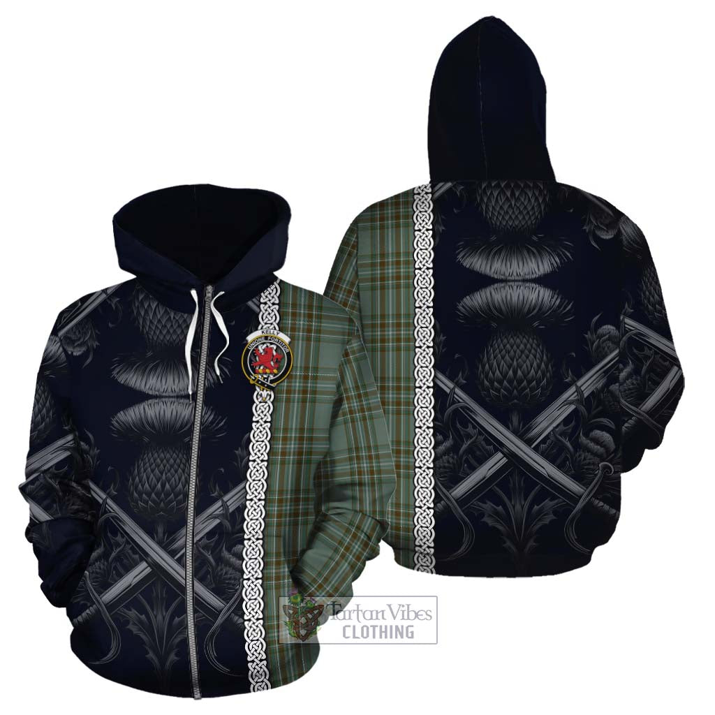 Tartan Vibes Clothing Kelly Tartan Cotton Hoodie with Family Crest Cross Sword Thistle Celtic Vibes