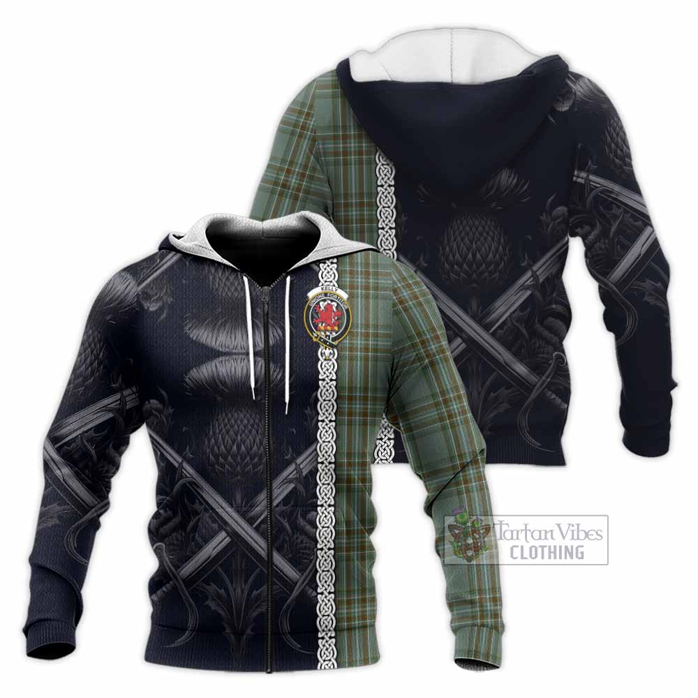 Tartan Vibes Clothing Kelly Tartan Knitted Hoodie with Family Crest Cross Sword Thistle Celtic Vibes
