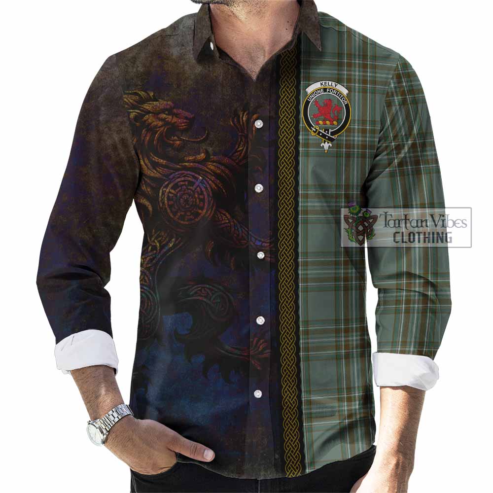 Tartan Vibes Clothing Kelly Tartan Family Crest Long Sleeve Button Shirt Alba Gu Brath Be Brave Lion Ancient Style