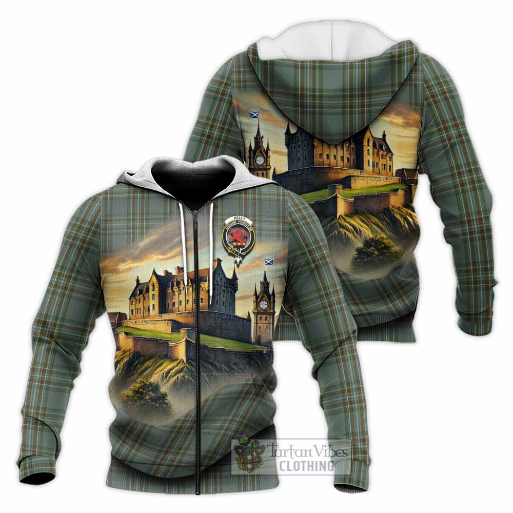 Tartan Vibes Clothing Kelly Tartan Family Crest Knitted Hoodie with Scottish Ancient Castle Style