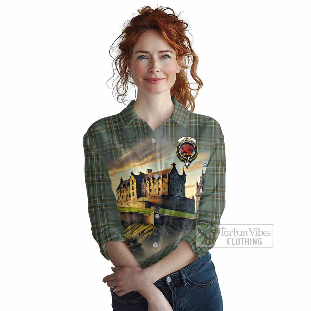 Tartan Vibes Clothing Kelly Tartan Family Crest Women's Casual Shirt with Scottish Ancient Castle Style