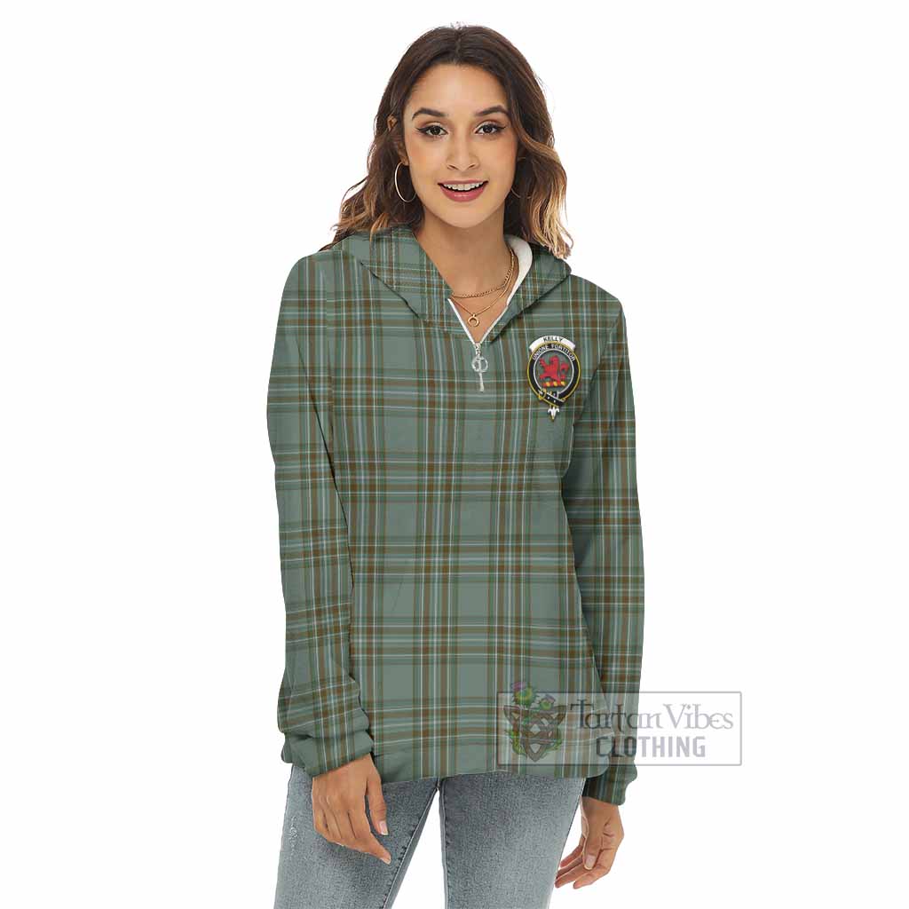 Kelly Tartan Women's Borg Fleece Hoodie with Half Zip with Family Crest - Tartan Vibes Clothing