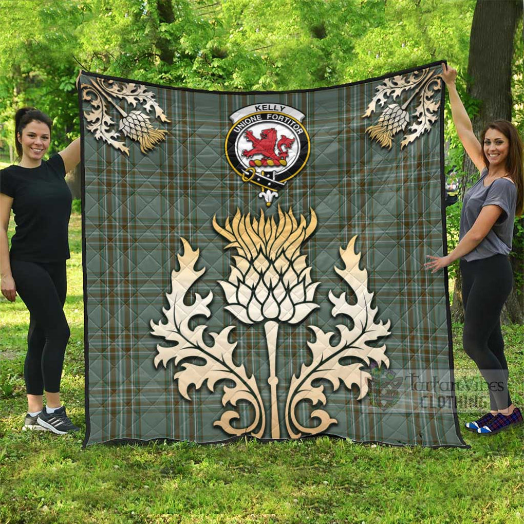 Tartan Vibes Clothing Kelly Tartan Quilt with Family Crest and Golden Thistle Style