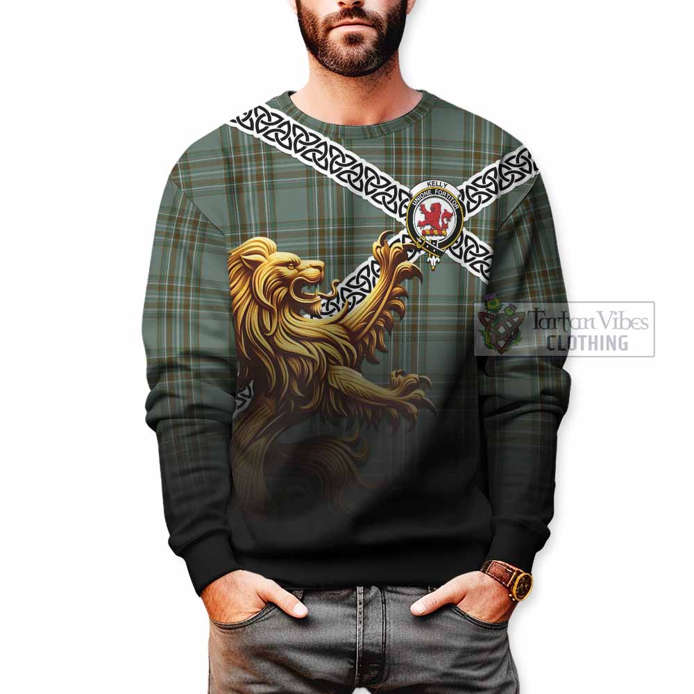 Tartan Vibes Clothing Kelly Crest Tartan Sweatshirt with Golden Lion Emblem Celtic Style