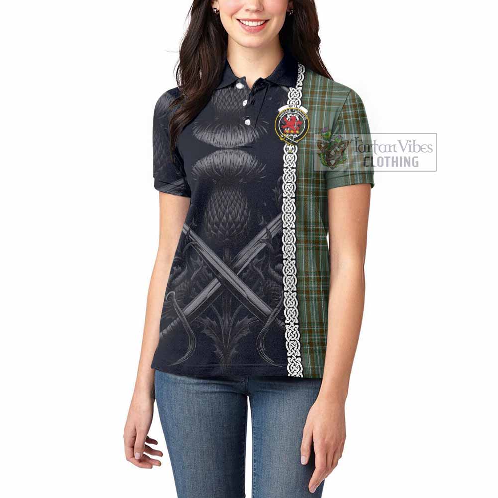Tartan Vibes Clothing Kelly Tartan Women's Polo Shirt with Family Crest Cross Sword Thistle Celtic Vibes