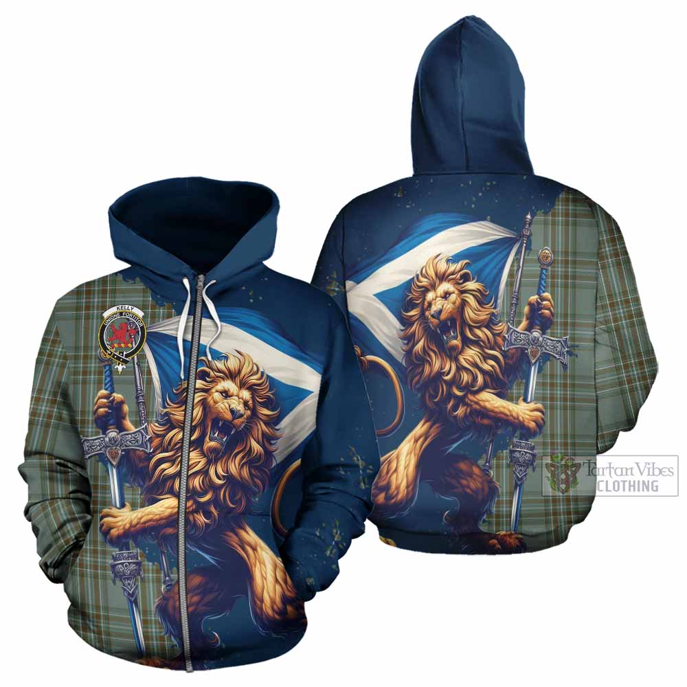Kelly Tartan Family Crest Hoodie with Scottish Majestic Lion