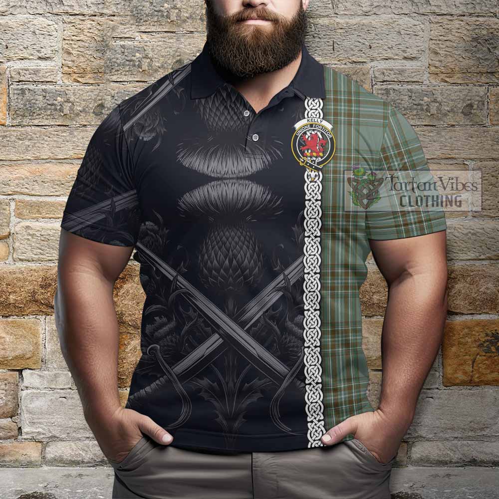 Tartan Vibes Clothing Kelly Tartan Polo Shirt with Family Crest Cross Sword Thistle Celtic Vibes