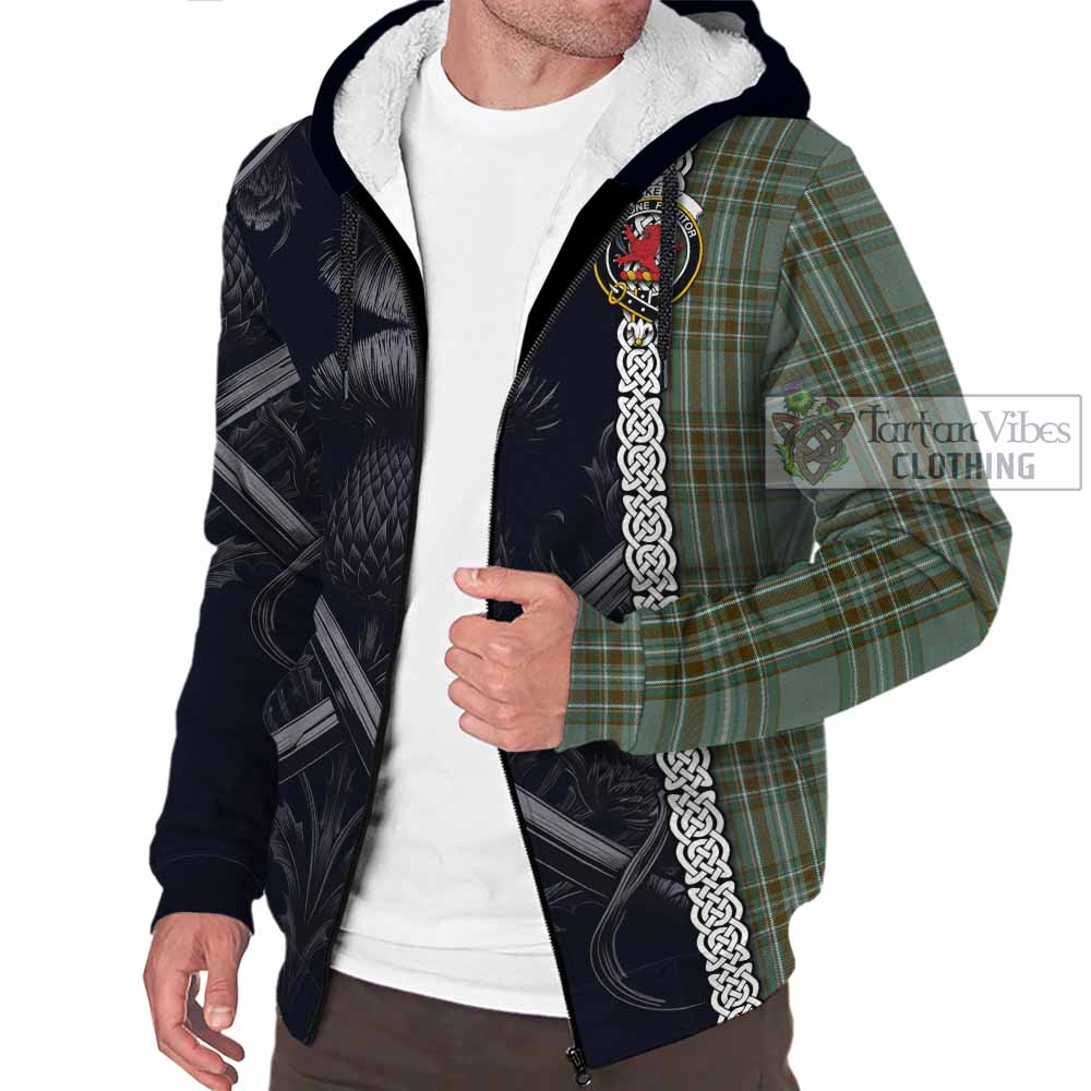 Tartan Vibes Clothing Kelly Tartan Sherpa Hoodie with Family Crest Cross Sword Thistle Celtic Vibes