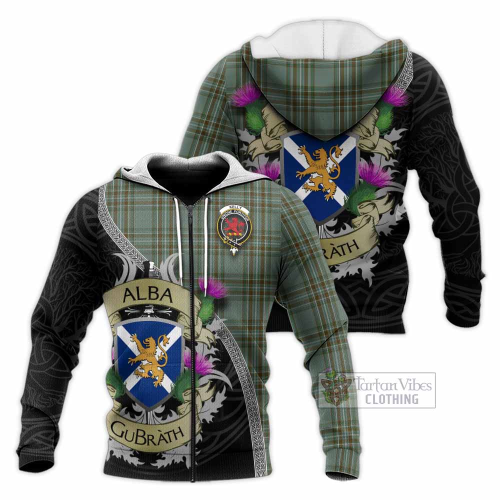 Tartan Vibes Clothing Kelly Tartan Family Crest Knitted Hoodie Lion Rampant Royal Thistle Shield Celtic Inspired