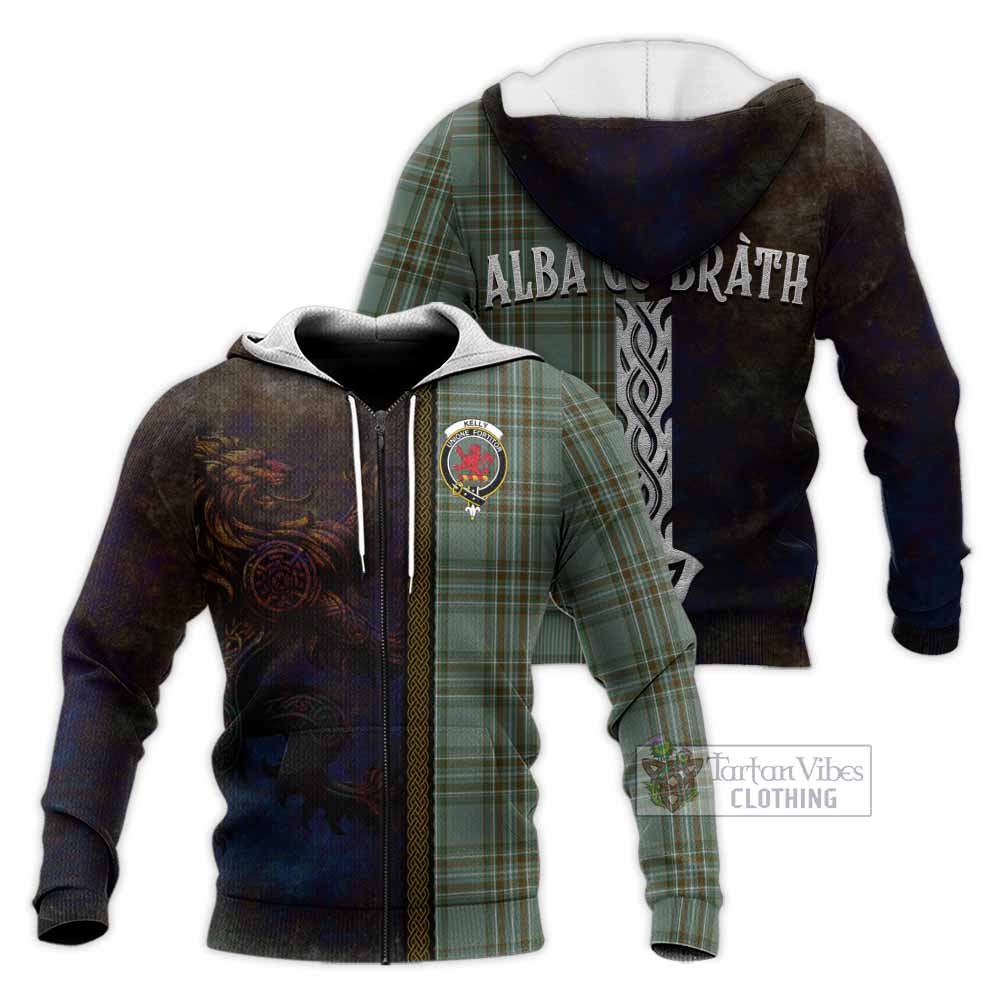 Tartan Vibes Clothing Kelly Tartan Family Crest Knitted Hoodie Alba Gu Brath Be Brave Lion Ancient Style