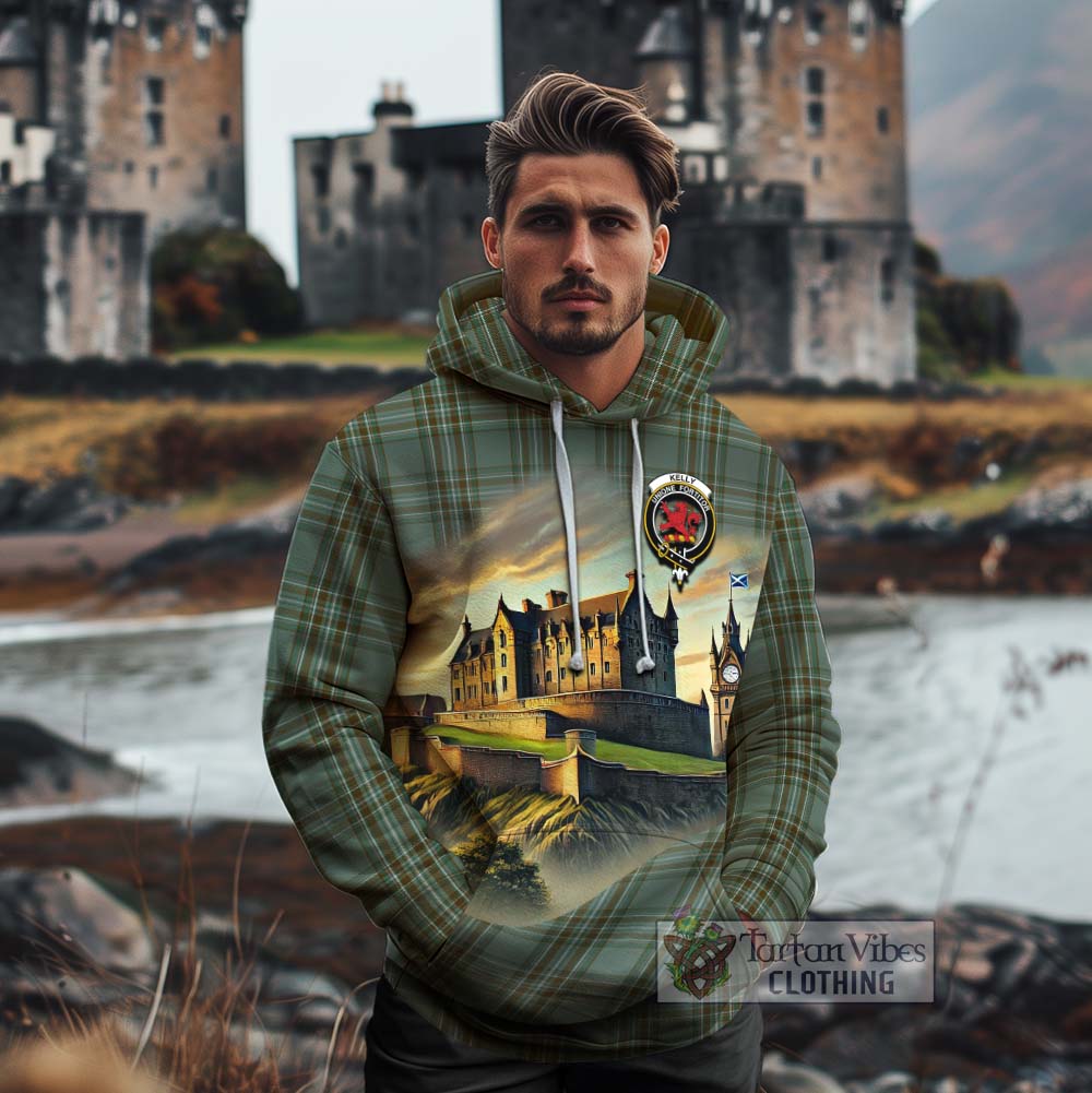 Tartan Vibes Clothing Kelly Tartan Family Crest Cotton Hoodie with Scottish Ancient Castle Style