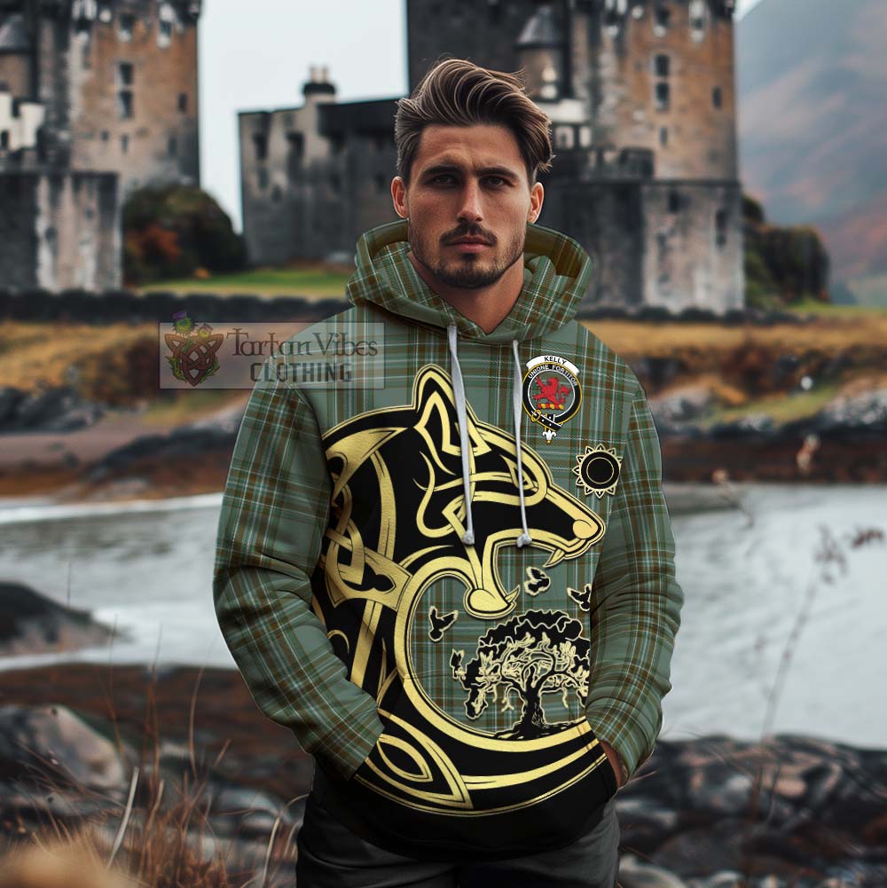 Tartan Vibes Clothing Kelly Tartan Cotton Hoodie with Family Crest Celtic Wolf Style