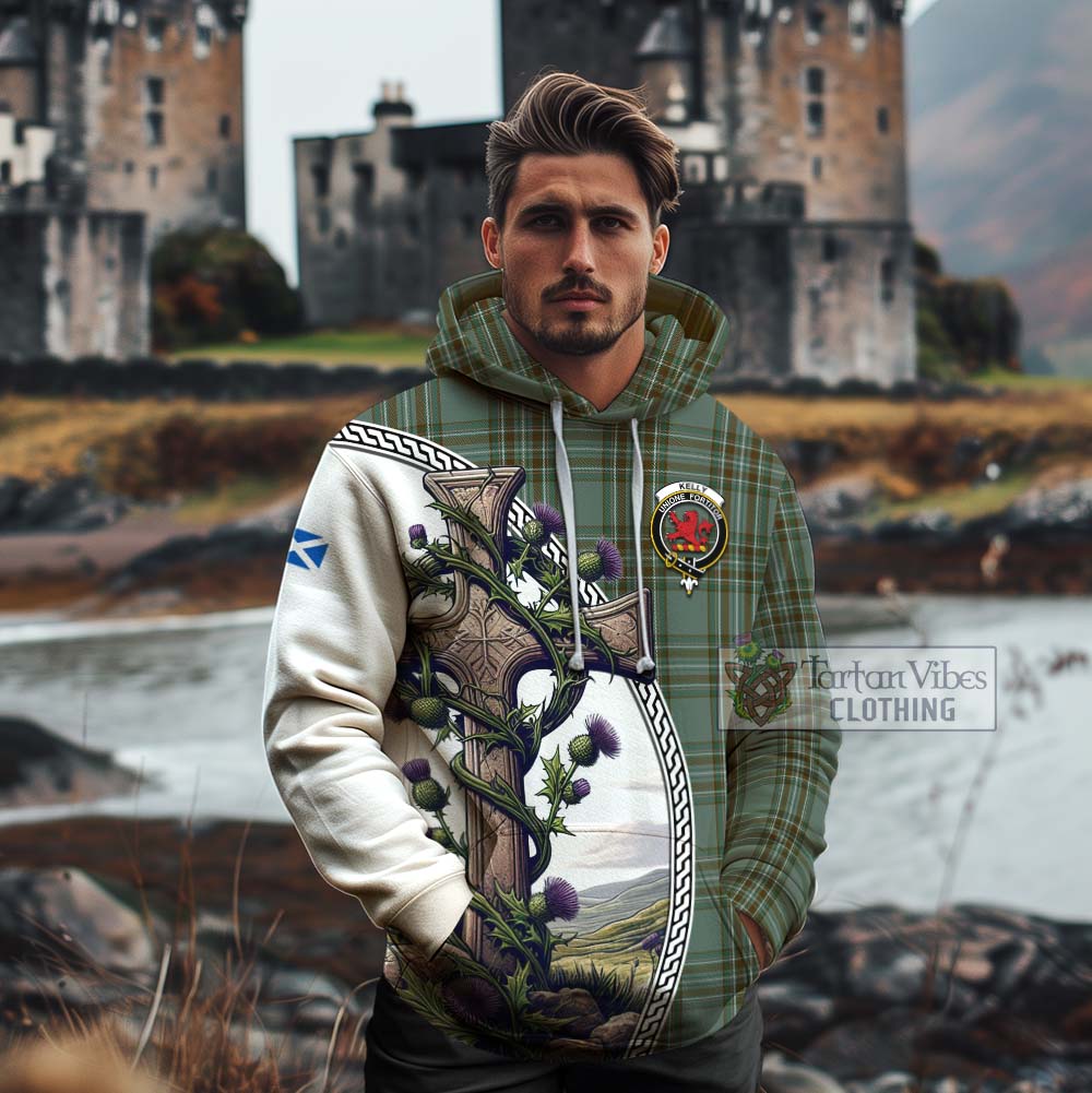 Tartan Vibes Clothing Kelly Tartan Cotton Hoodie with Family Crest and St. Andrew's Cross Accented by Thistle Vines