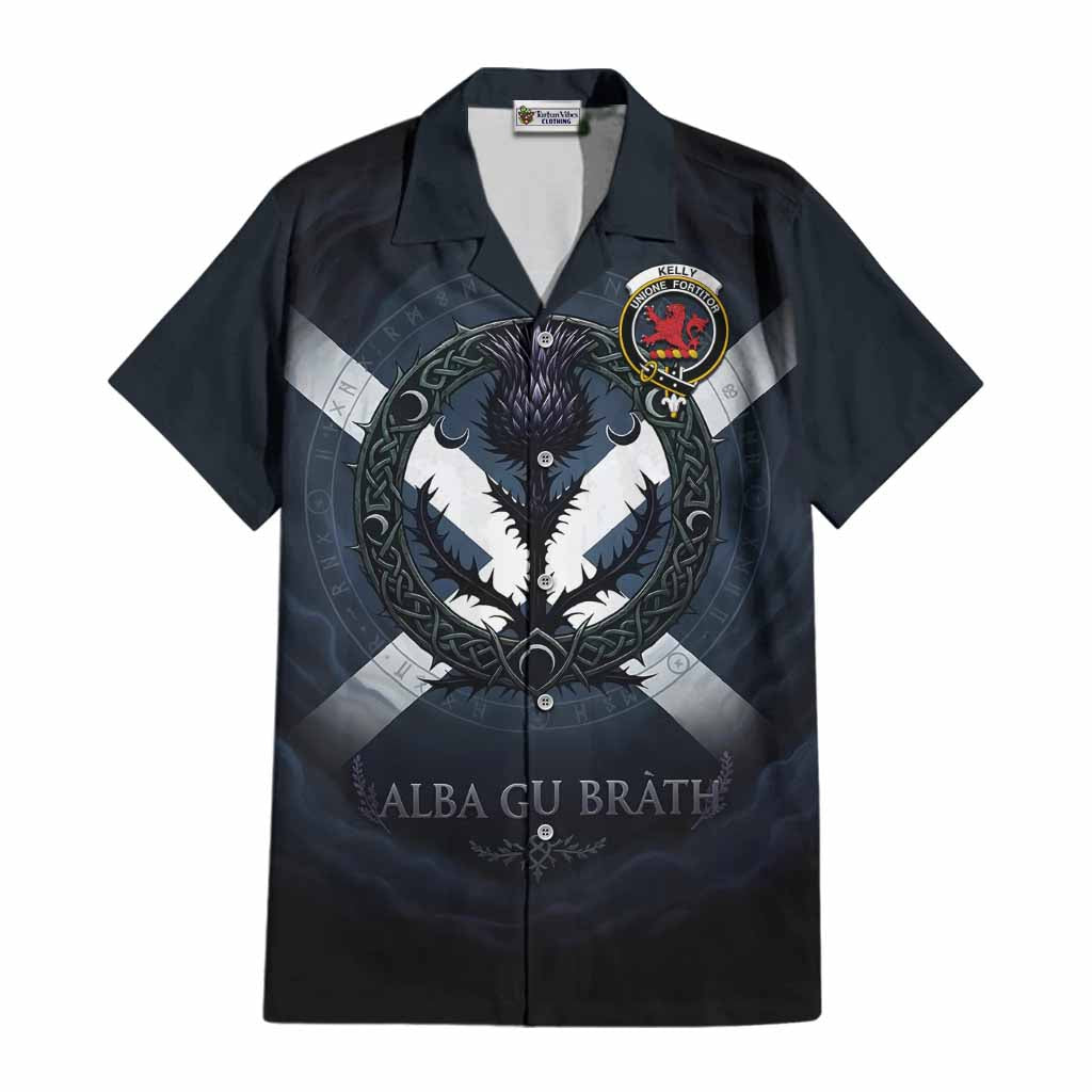 Kelly Clan Crest Cotton Hawaiian Shirt with Celtic Knot Thistle and Saltire