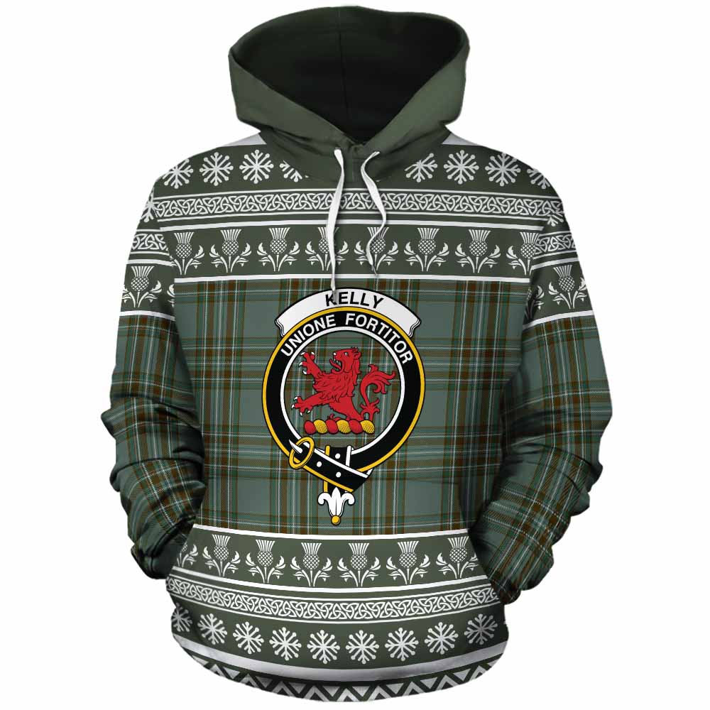 Kelly Clan Tartan Christmas Cotton Hoodie with Family Crest - Tartan Vibes Clothing