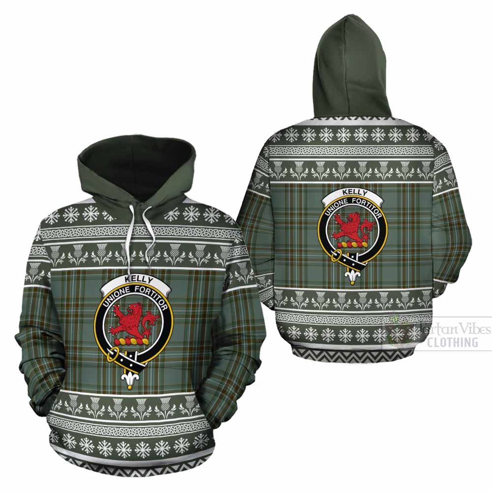 Kelly Clan Tartan Christmas Cotton Hoodie with Family Crest - Tartan Vibes Clothing