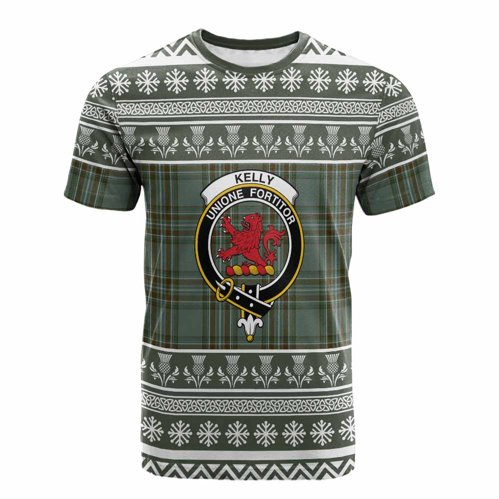 Kelly Clan Tartan Christmas Cotton T-shirt with Family Crest - Tartan Vibes Clothing
