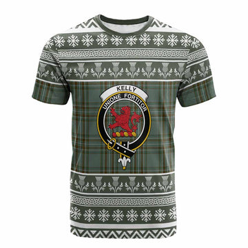 Kelly Clan Tartan Christmas Cotton T-shirt with Family Crest - Tartan Vibes Clothing