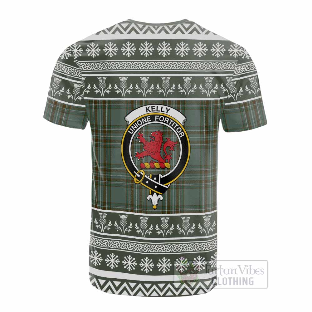 Kelly Clan Tartan Christmas Cotton T-shirt with Family Crest - Tartan Vibes Clothing