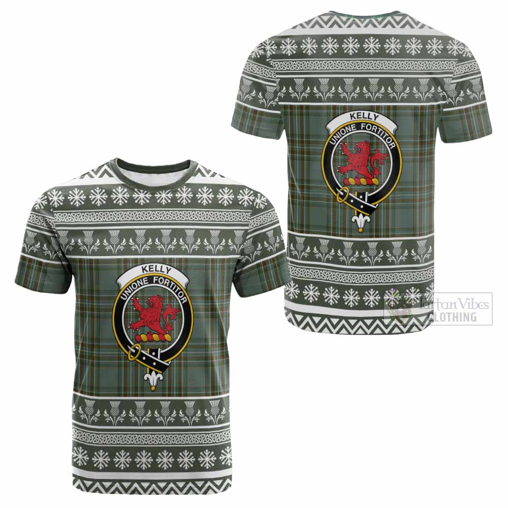 Kelly Clan Tartan Christmas Cotton T-shirt with Family Crest - Tartan Vibes Clothing