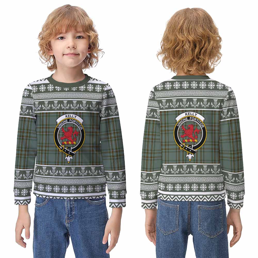 Kelly Clan Tartan Christmas Kid Ugly Sweatshirt with Family Crest - Tartan Vibes Clothing