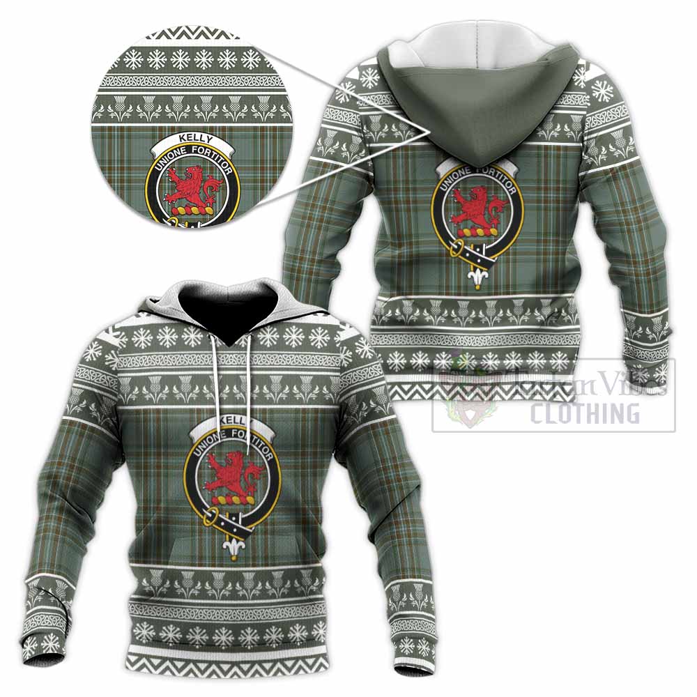Kelly Clan Tartan Christmas Knitted Hoodie with Family Crest - Tartan Vibes Clothing