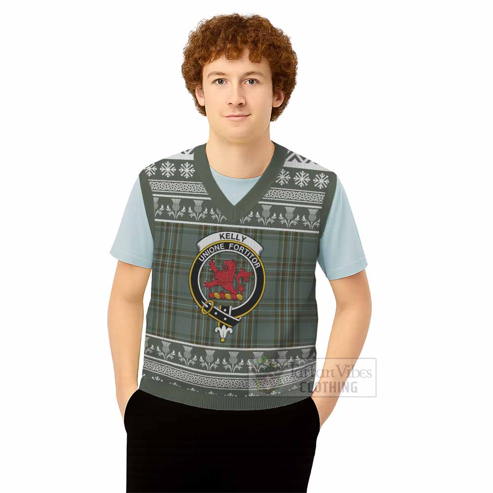 Kelly Clan Tartan Christmas Knitted V-Neck Vest with Family Crest - Tartan Vibes Clothing