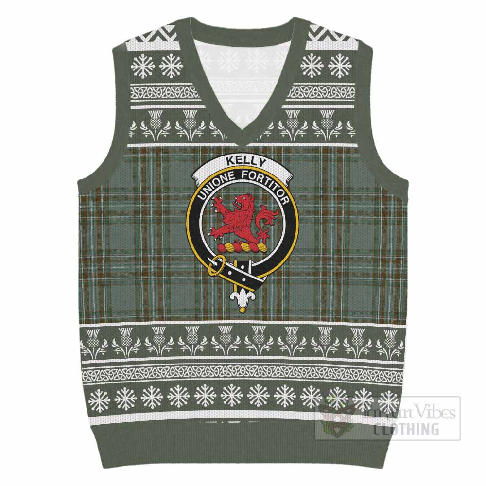 Kelly Clan Tartan Christmas Knitted V-Neck Vest with Family Crest - Tartan Vibes Clothing