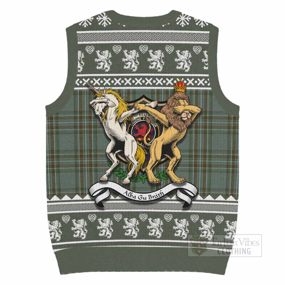 Kelly Clan Tartan Crest Christmas Knitted V-Neck Vest Coat of Arms Funny Style - Tartan Vibes Clothing