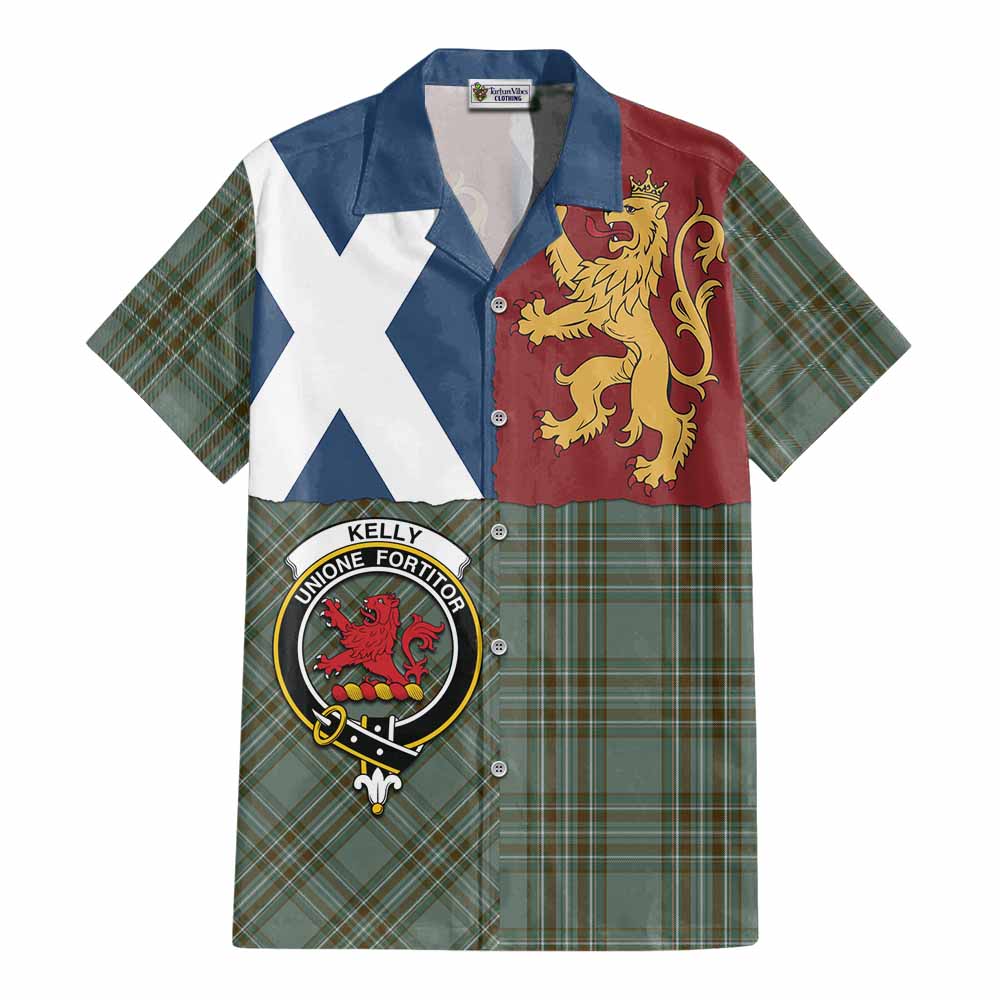 Kelly Crest Tartan Cotton Hawaiian Shirt with Lion Rampant Saltire Style - Tartan Vibes Clothing