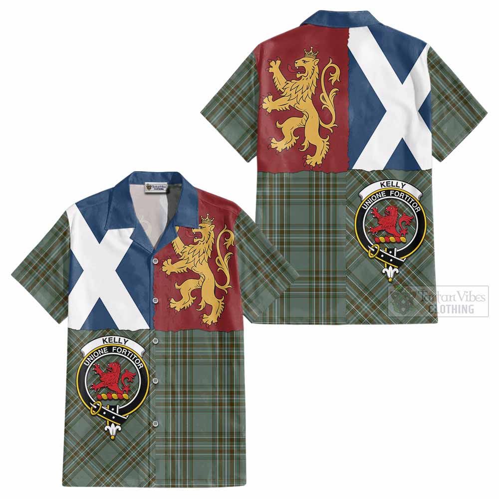 Kelly Crest Tartan Cotton Hawaiian Shirt with Lion Rampant Saltire Style - Tartan Vibes Clothing