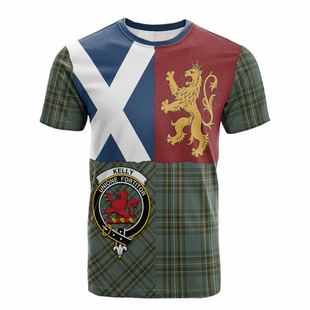 Kelly Crest Tartan Cotton T-shirt with Lion Rampant Saltire Style - Tartan Vibes Clothing