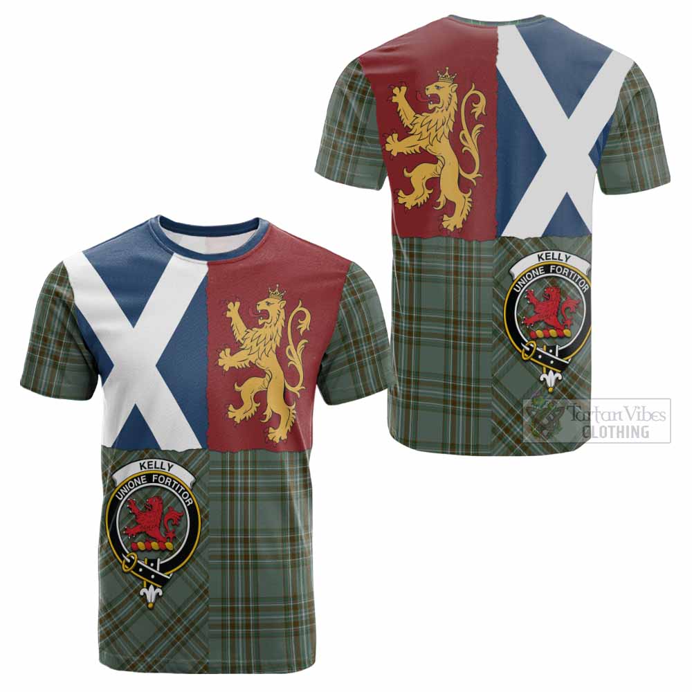 Kelly Crest Tartan Cotton T-shirt with Lion Rampant Saltire Style - Tartan Vibes Clothing