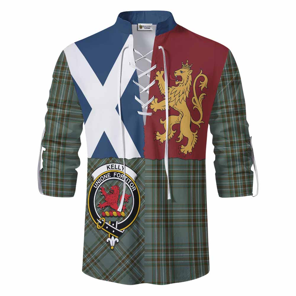Kelly Crest Tartan Ghillie Shirt with Lion Rampant Saltire Style - Tartan Vibes Clothing