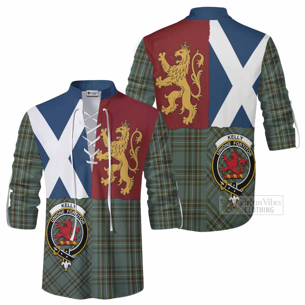 Kelly Crest Tartan Ghillie Shirt with Lion Rampant Saltire Style - Tartan Vibes Clothing