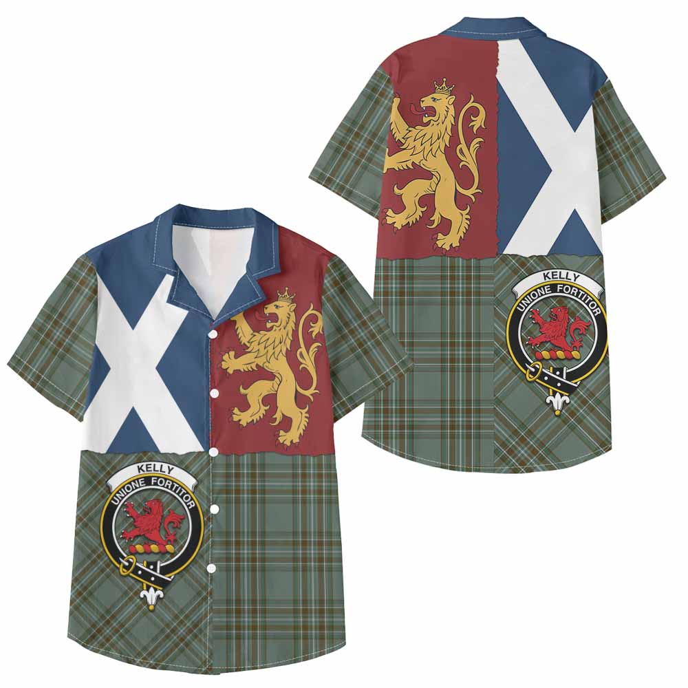 Kelly Crest Tartan Kid Hawaiian Shirt with Lion Rampant Saltire Style - Tartan Vibes Clothing