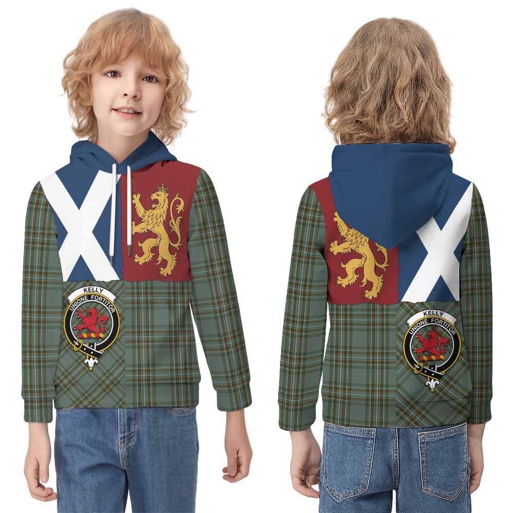 Kelly Crest Tartan Kid Hoodie with Lion Rampant Saltire Style - Tartan Vibes Clothing