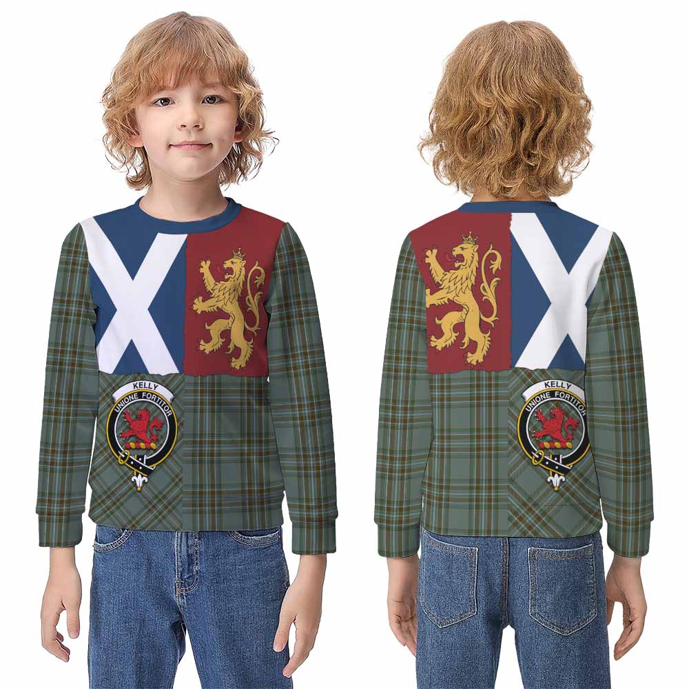 Kelly Crest Tartan Kid Knitted Sweatshirt with Lion Rampant Saltire Style - Tartan Vibes Clothing