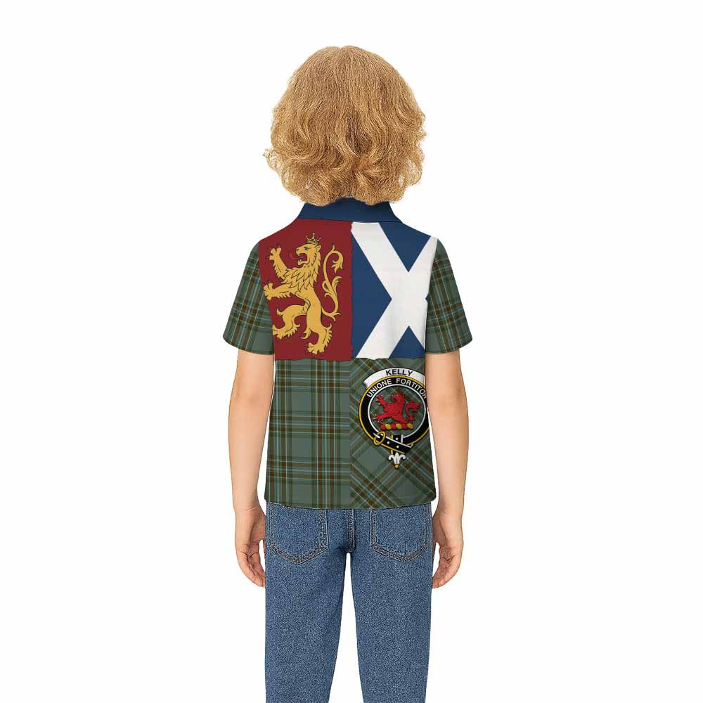 Kelly Crest Tartan Kid Polo Shirt with Lion Rampant Saltire Style - Tartan Vibes Clothing