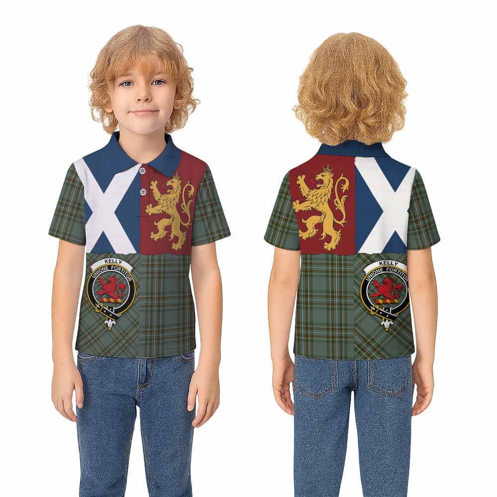 Kelly Crest Tartan Kid Polo Shirt with Lion Rampant Saltire Style - Tartan Vibes Clothing