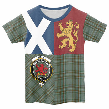 Kelly Crest Tartan Kid T-shirt with Lion Rampant Saltire Style - Tartan Vibes Clothing