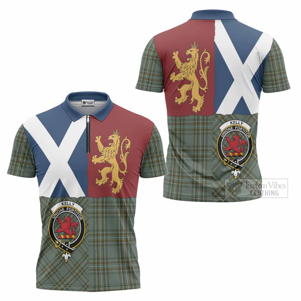 Kelly Crest Tartan Zipper Polo Shirt with Lion Rampant Saltire Style