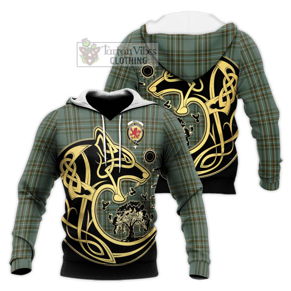 Kelly Tartan Knitted Hoodie with Family Crest Celtic Wolf Style Unisex Knitted Pullover Hoodie - Tartan Vibes Clothing